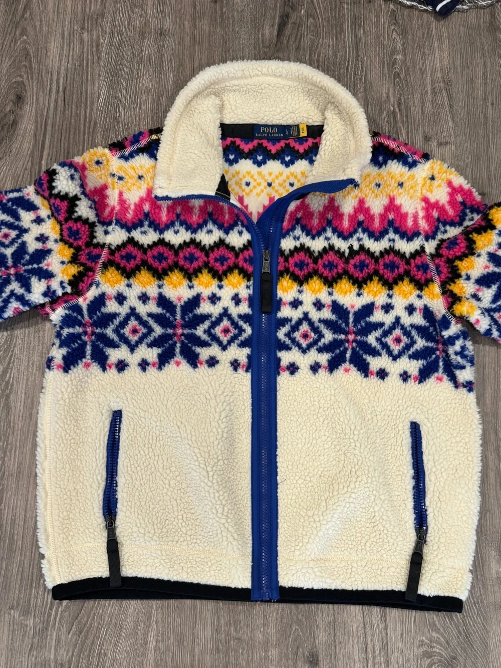 Polo Ralph Lauren Cream Sherpa Zip Jacket with Navy & Pink Fair Isle SIZE LARGE - Picture 3 of 5